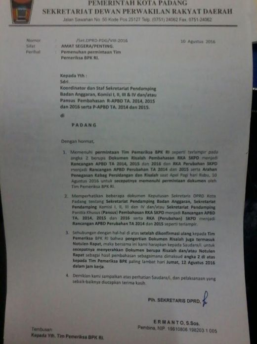 Wah Gawat, Tim Pemeriksa BPK Minta Dokumen Risalah Tiga Tahun Anggaran Pembahasan APBD ke Sekretariat DPRD Padang