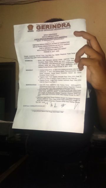DPP Gerindra Keluarkan Surat Pergantian Erisman dari Ketua DPRD Padang